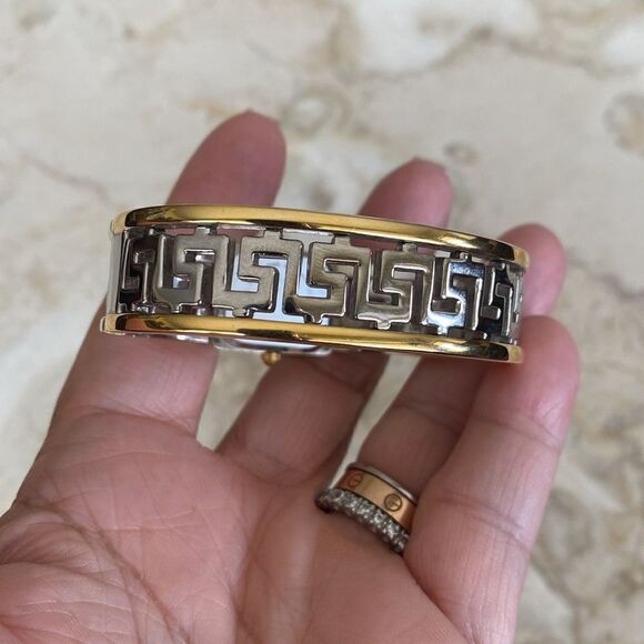 Greek Key Gold & Silver Tone Cuff Hinged Bangle Watch - Picture 4 of 12